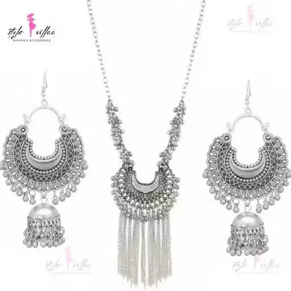 Partywear Silver Bold Necklace Set with Oxidised Finish – Necklace & Earrings for Women.