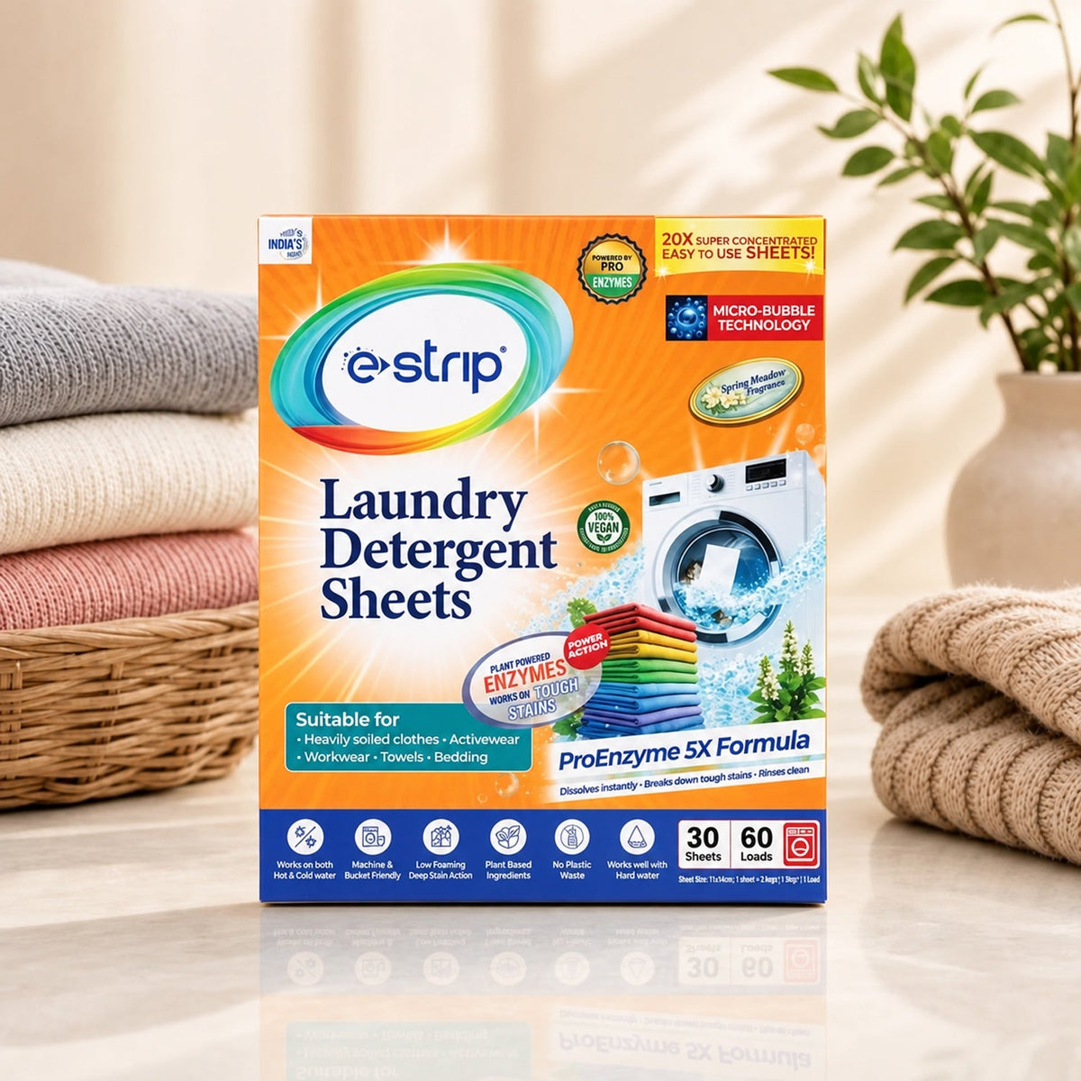 Wukusy laundry detergent sheets for clothes washing, showing a stack of 30 eco-friendly detergent sheets designed for up to 60 loads