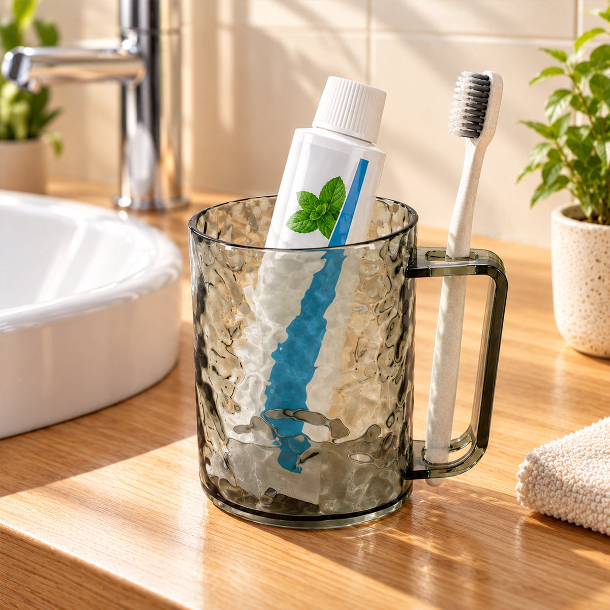 Textured Plastic Drinking Mug With Handle For Bathroom And Home Use (1 Pc)