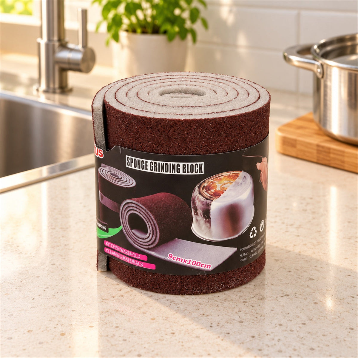 Wukusy abrasive sponge cleaning roll for kitchen pots and pans, 9x100 cm, showing textured scrubbing surface for effective cleaning.