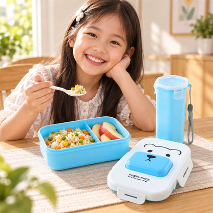 Wukusy kids lunch box set with water bottle and spoon for school, featuring colorful, child-friendly design and secure compartments.