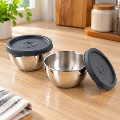 Set of two Wukusy Apex stainless steel storage bowls with lids, 180 ml capacity, compact and durable kitchen containers.