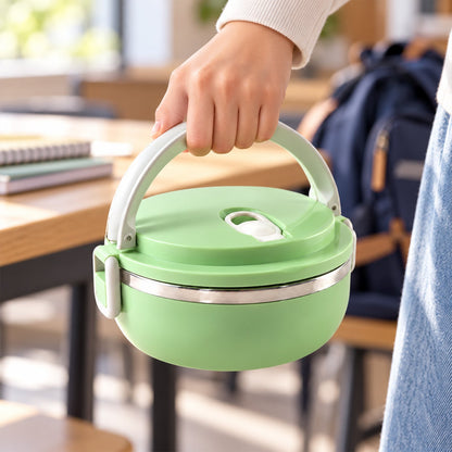 Stainless steel Wukusy single-layer lunch box with carry handle, 700ml capacity, featuring a sleek, durable design for easy transport.