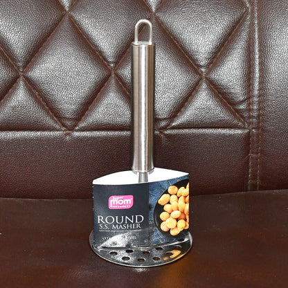 Wukusy Supermom heavy-duty stainless steel potato masher with ergonomic handle on a white background.