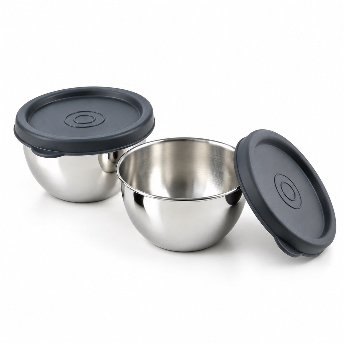 Two Wukusy Apex stainless steel storage bowls with lids, small 180ml capacity, suitable for kitchen organization and food storage.