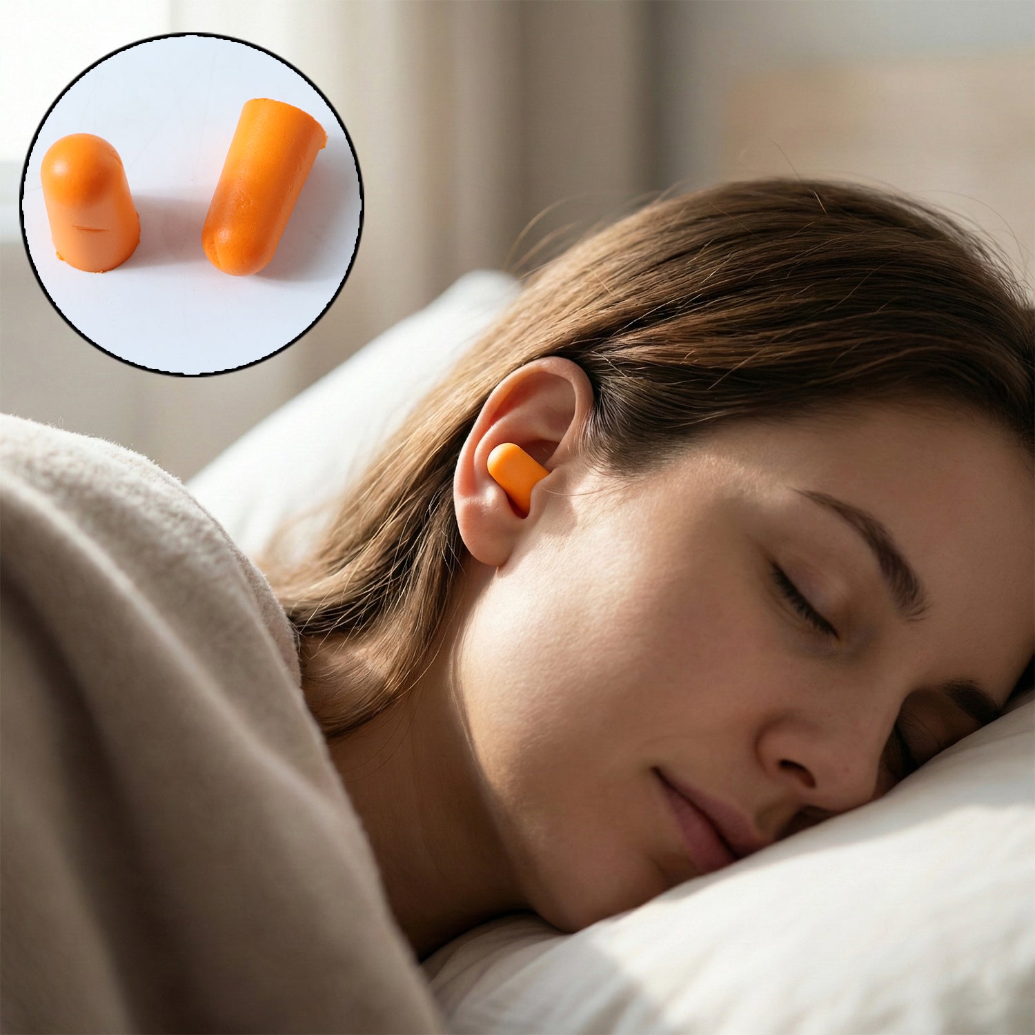 Wukusy soft foam noise-reduction ear plugs with storage case, four pairs, shown in their compact case for travel or sleep.