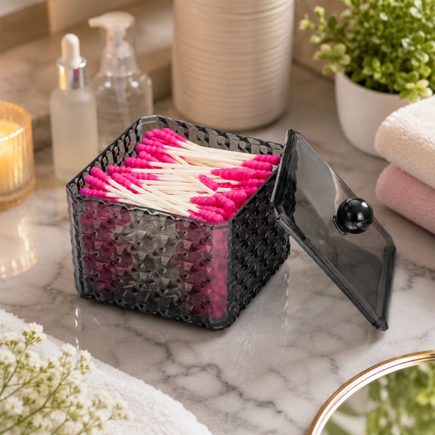 Plastic Cotton Swab Storage Box With Lid For Bathroom Vanity And Desk Use (1 Pc)