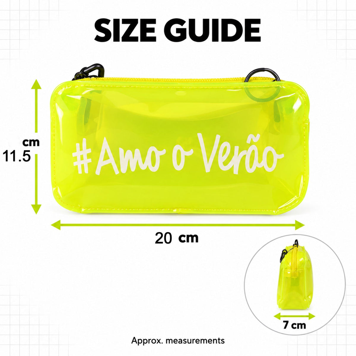 Clear PVC crossbody bag with adjustable strap and zipper, measuring 20x11 cm, by Wukusy.
