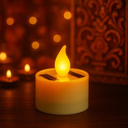 Wukusy solar-powered LED flameless candle light illuminated in warm yellow, showcasing its realistic flickering flame effect.