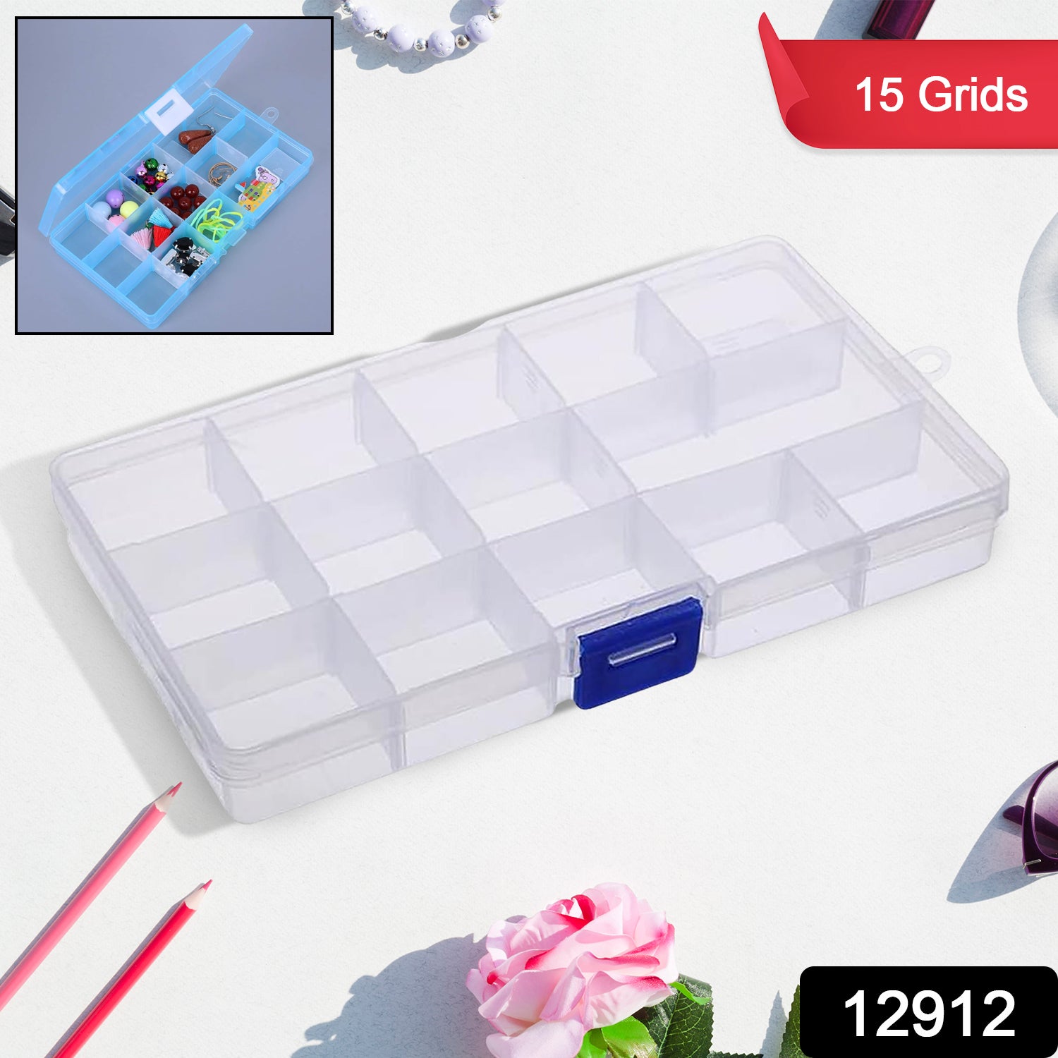 Clear plastic jewelry organizer box with 15 adjustable grid compartments, ideal for beads, jewelry, herbs, and small items.
