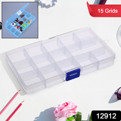 Clear plastic jewelry organizer box with 15 adjustable grid compartments, ideal for beads, jewelry, herbs, and small items.