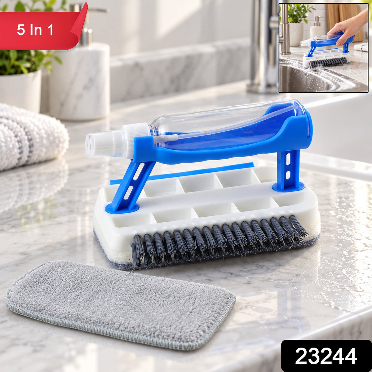 Wukusy 5-in-1 multipurpose cleaning brush with spray, squeegee, and wiping pad for versatile cleaning tasks.