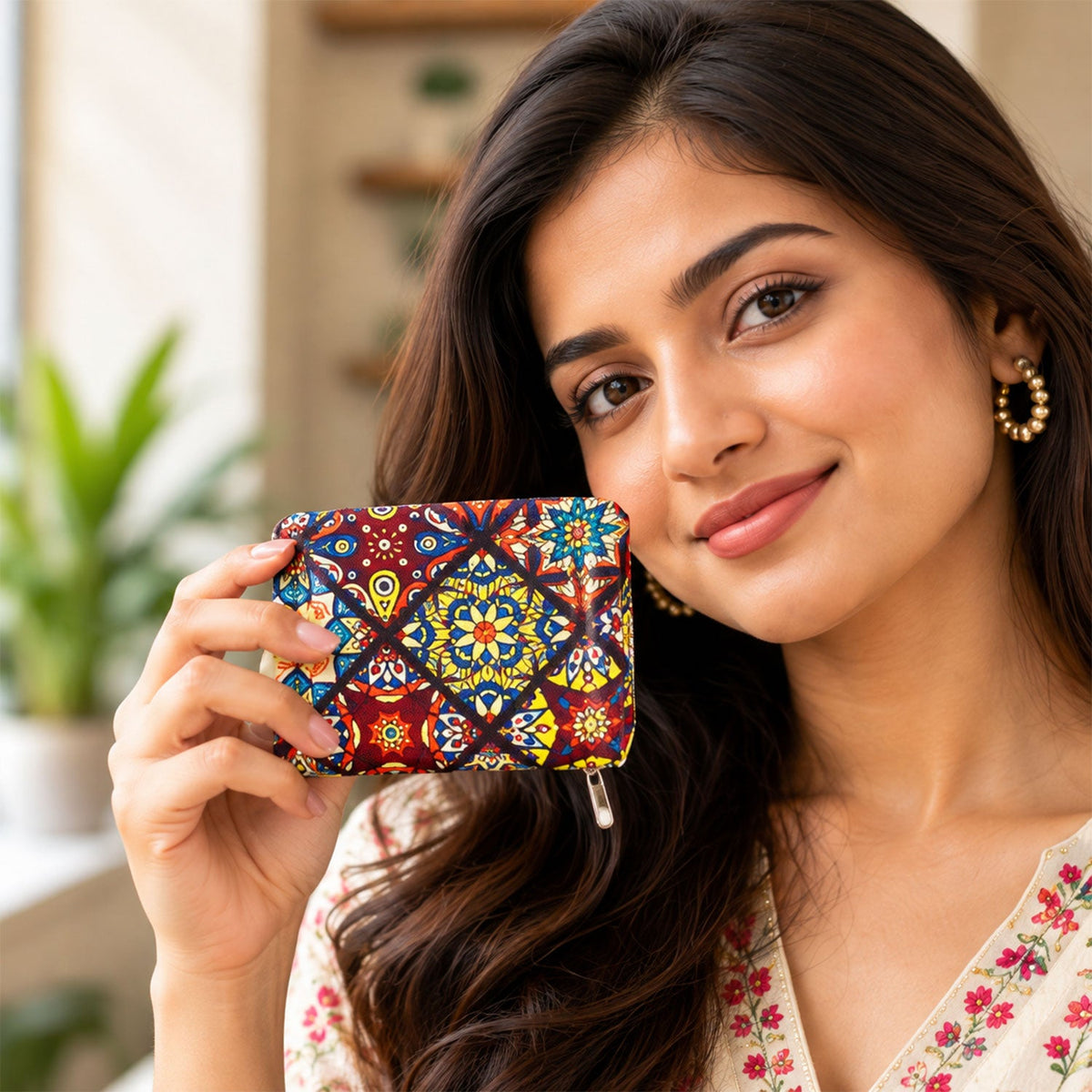Wukusy Patola style printed clutch wallet with zip closure, featuring vibrant traditional patterns and compact 9x11 cm size.