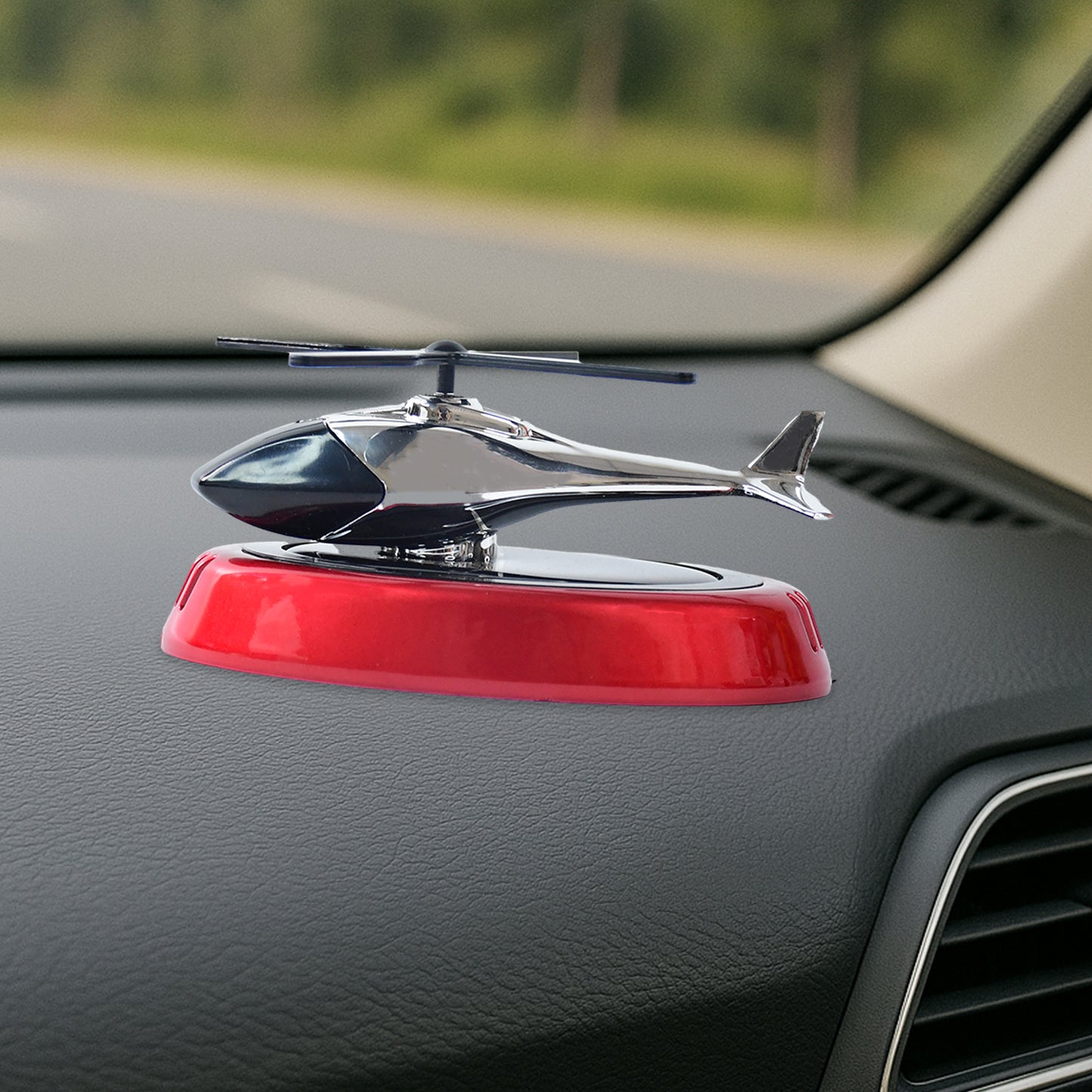 Wukusy solar-powered rotating helicopter car air freshener hanging from a vehicle's interior rearview mirror