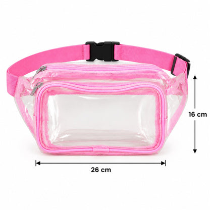 Transparent PVC waist bag by Wukusy with two zip pockets and adjustable strap, measuring 26x16 cm.