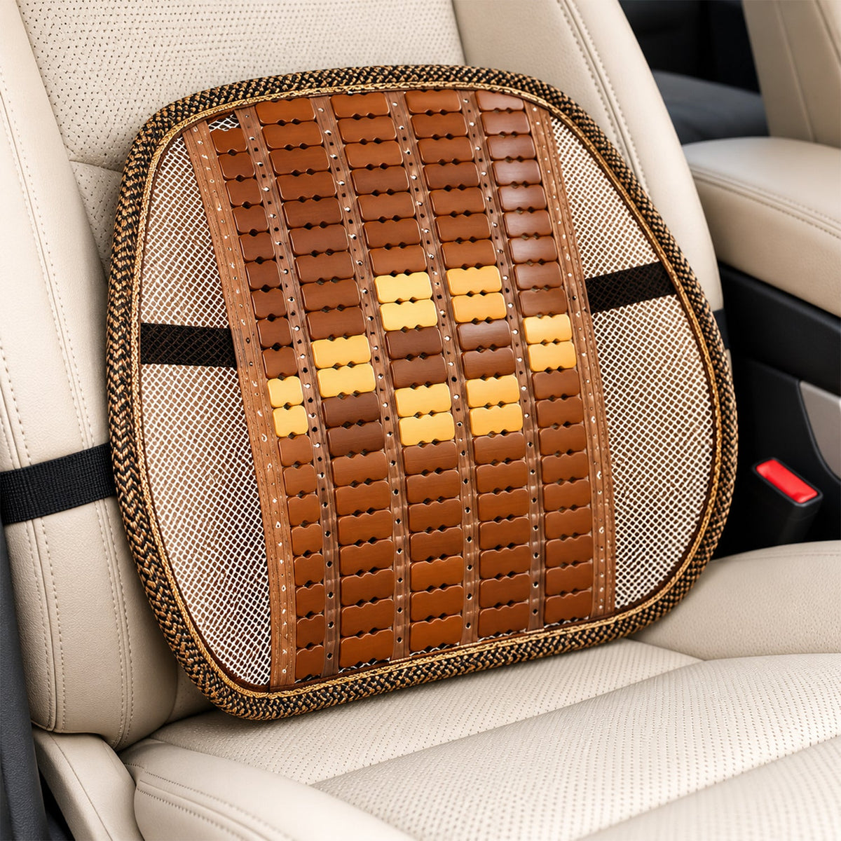 Wukusy car seat mesh back support with wooden bead panel for office chairs, providing ergonomic lumbar relief and comfort.