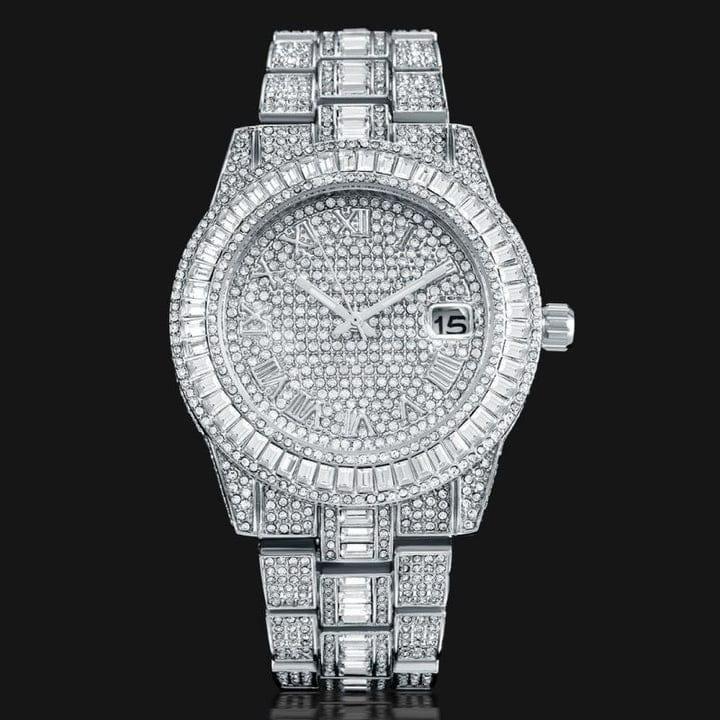 Golden stone-studded diamond wrist watch for boys and men from Drpshippr's men's collection, featuring a luxurious design.