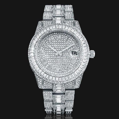 Golden stone-studded diamond wrist watch for boys and men from Drpshippr's men's collection, featuring a luxurious design.