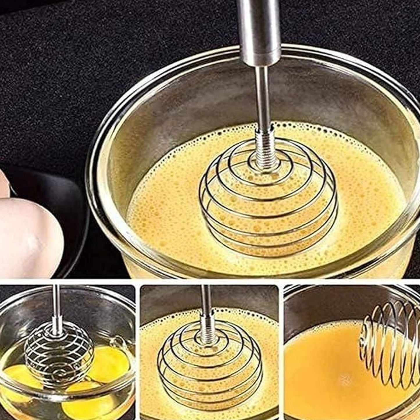 Wukusy stainless steel large round spring whisk egg beater for kitchen cooking, showing the metal whisk with multiple loops and handle