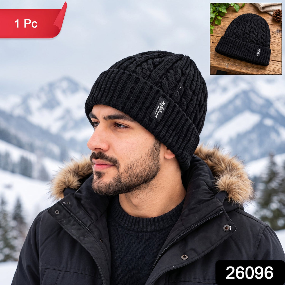 Wukusy winter cable knit beanie cap with fleece lining and folded ribbed cuff, designed for warmth and style in cold weather.