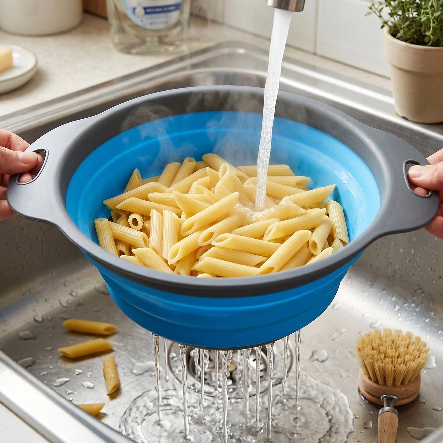Foldable silicone kitchen strainer with handles, space-saving design by Wukusy, ideal for draining pasta and vegetables.
