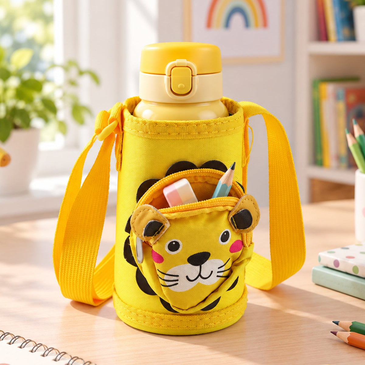 Kids Water Bottle Carrier Sling Pouch Bag With Strap Cute Animal Design (1 Pc)