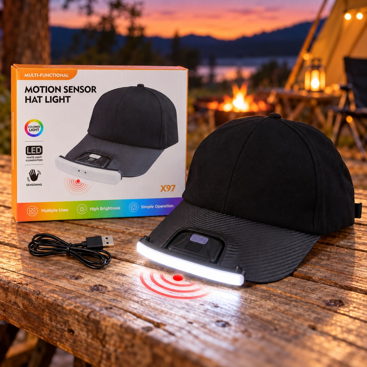 Wukusy motion sensor USB rechargeable LED hat light attached to a cap for camping, providing hands-free illumination.