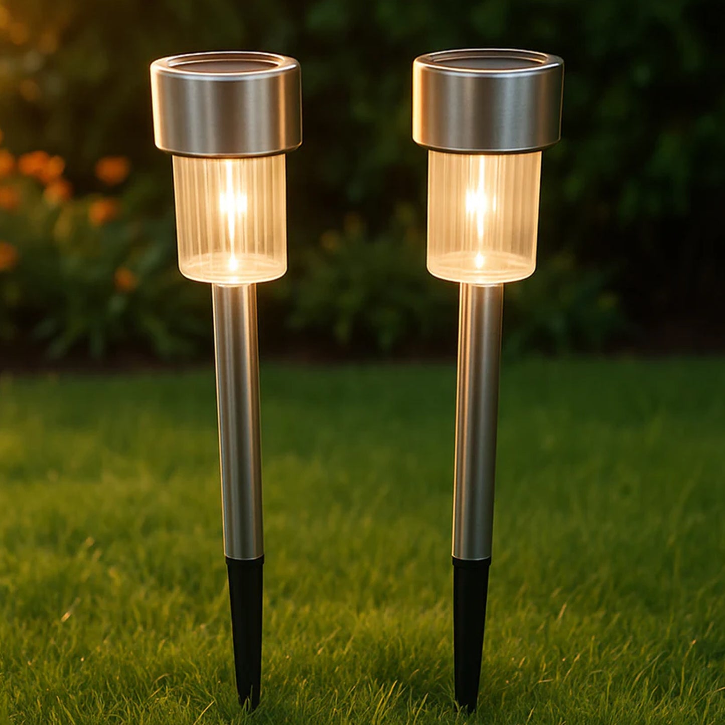 Set of 12 Wukusy solar garden lawn lamps illuminating outdoor space with modern, energy-efficient lighting.