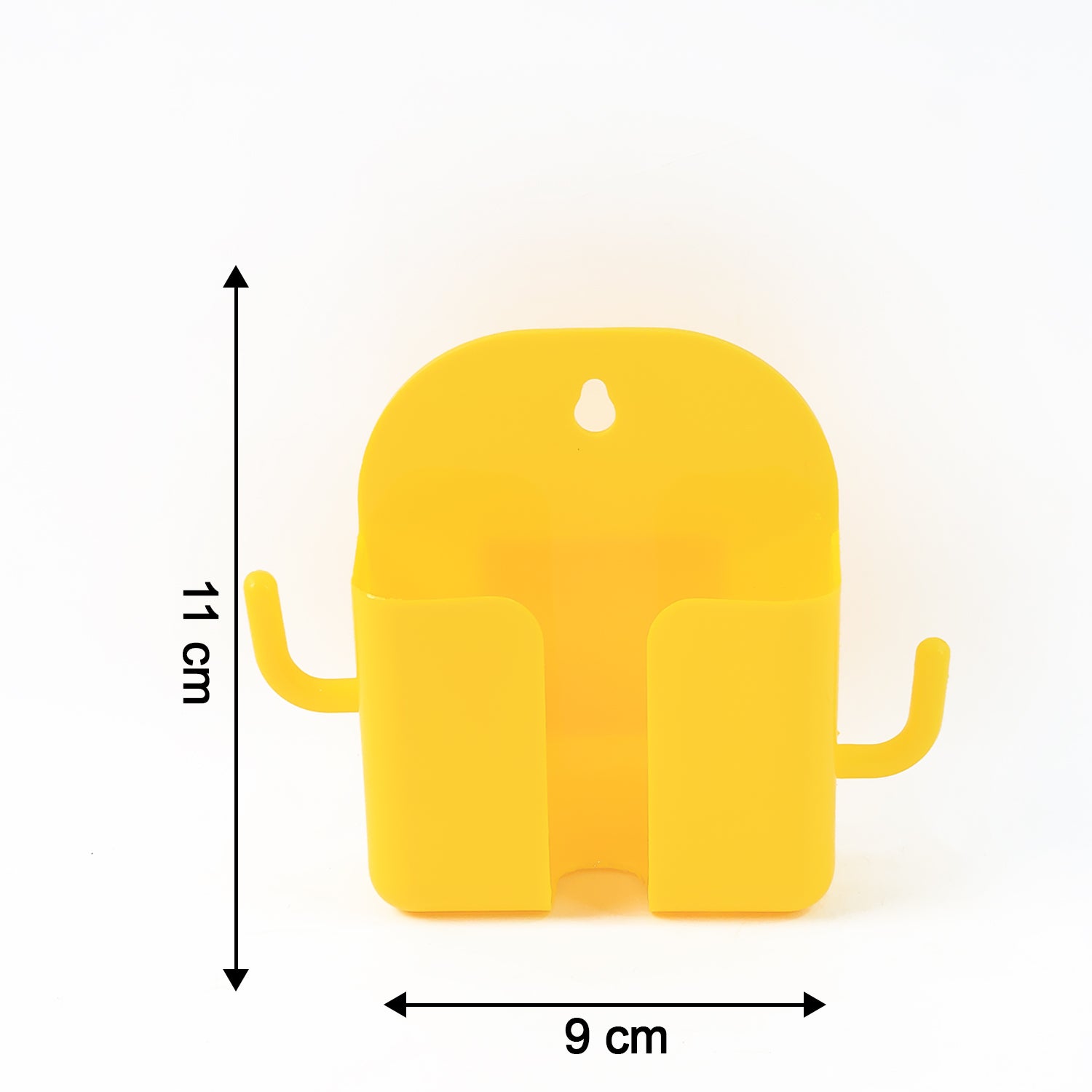 Orange Wukusy wall-mount mobile stand with hook for holding phones and accessories, mounted on a wall.