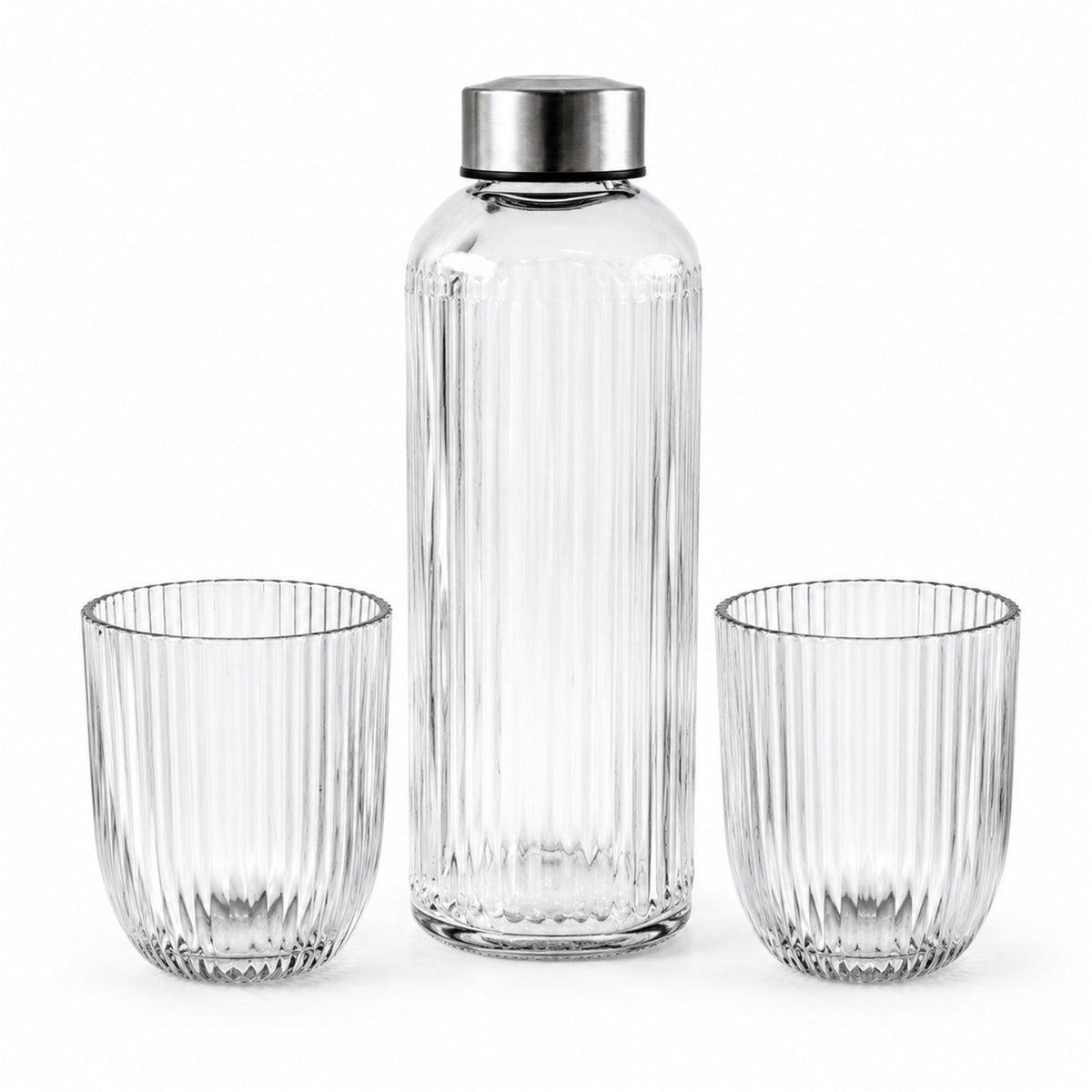Wukusy ribbed water bottle with two matching glasses, part of a 3-piece gift set, showcasing sleek design and clear glass.