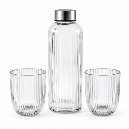 Wukusy ribbed water bottle with two matching glasses, part of a 3-piece gift set, showcasing sleek design and clear glass.