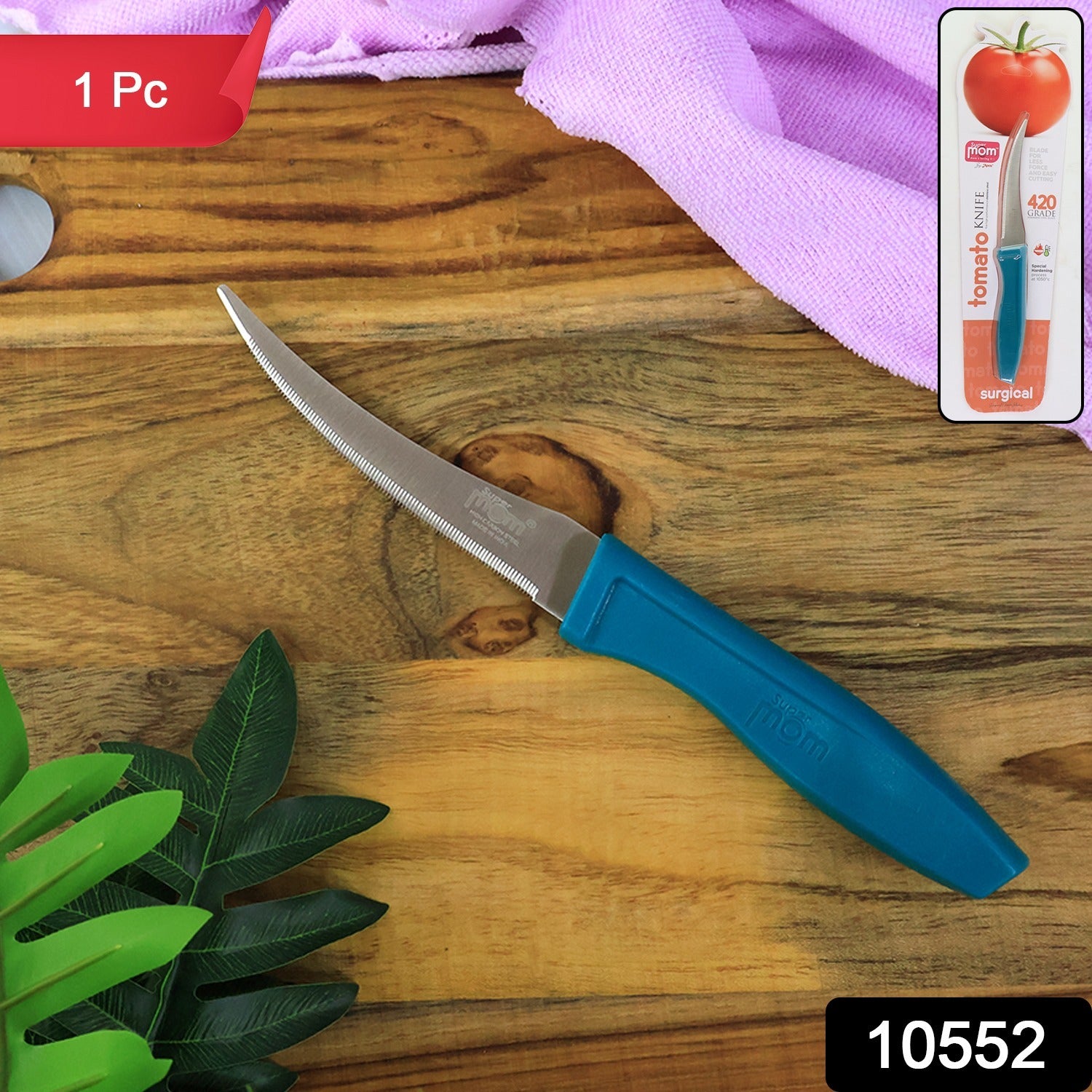 Wukusy Supermom premium stainless steel tomato knife with serrated edge for precise slicing, shown on a kitchen countertop.