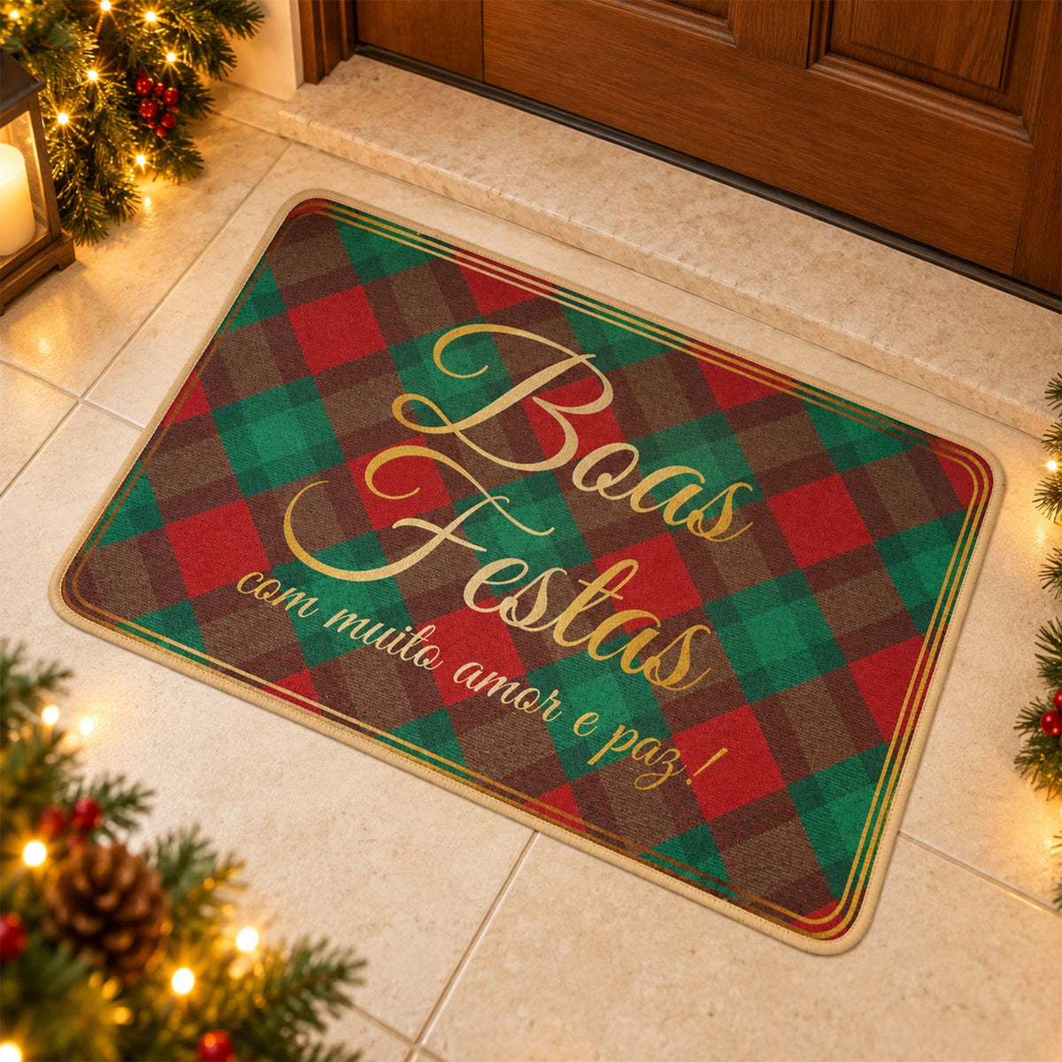 Wukusy decorative festive check print floor mat for indoor doorways, 56.7x38 cm, with red, green, and white holiday pattern.