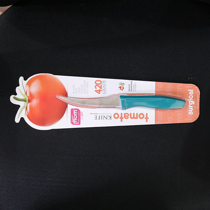 Wukusy Supermom premium stainless steel tomato knife with ergonomic handle for precise slicing in home kitchen.