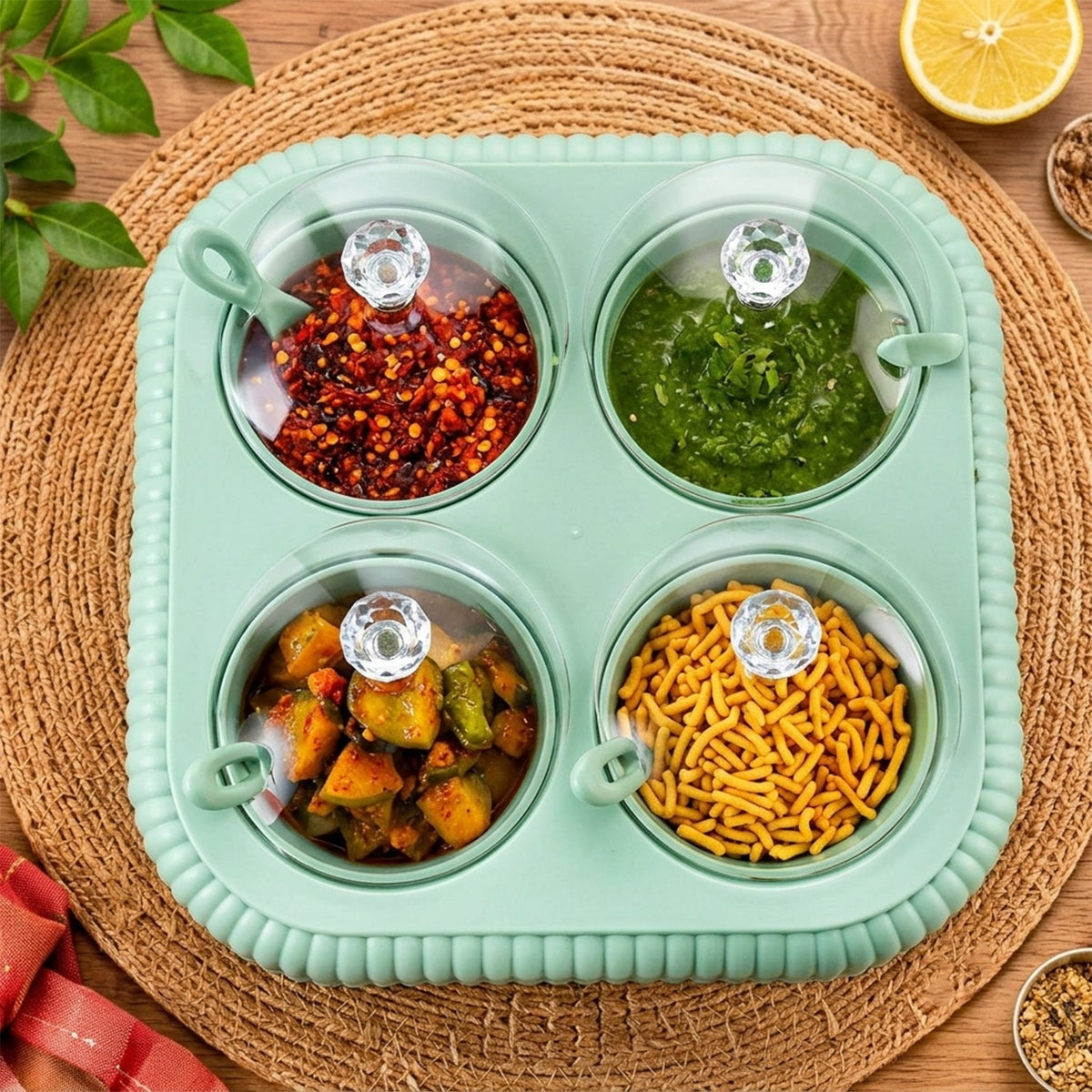 Dining Stand Jar Set With Lids And Spoons For Pickles And Snacks (4 Pc)