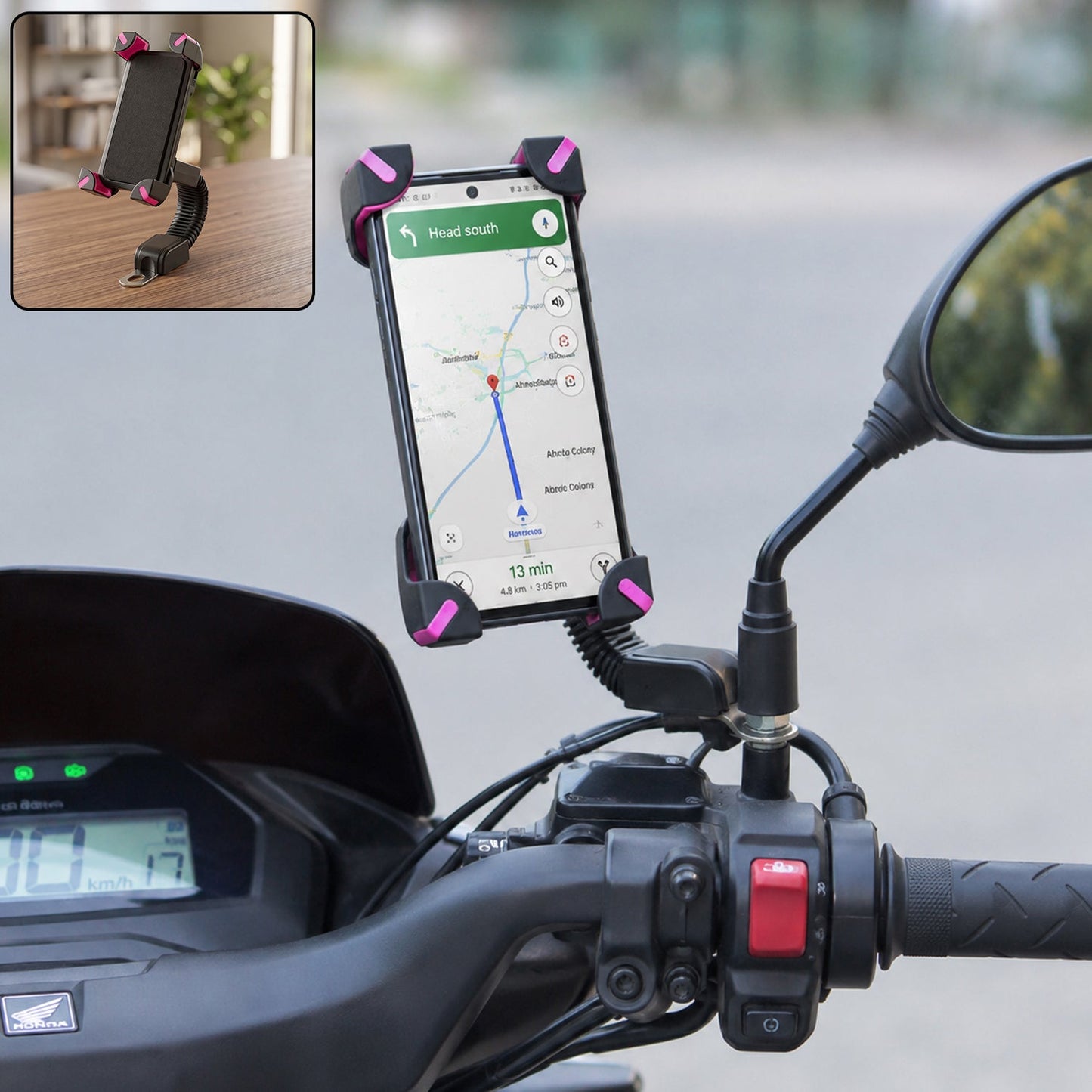 Plastic Bicycle Phone Holder Bike Mirror Mount With Flexible Arm (1 Pc)