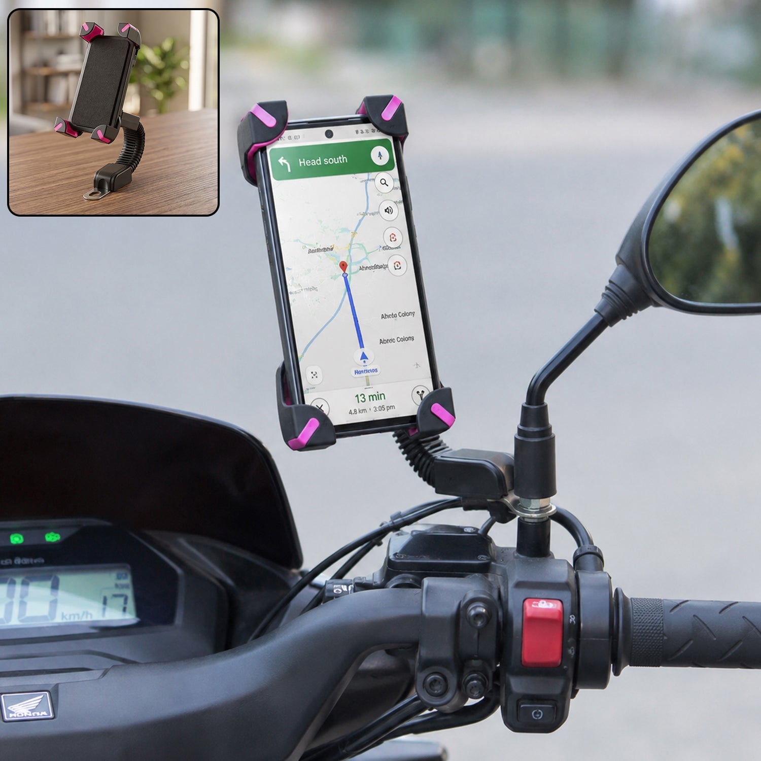 Plastic Bicycle Phone Holder Bike Mirror Mount With Flexible Arm (1 Pc)