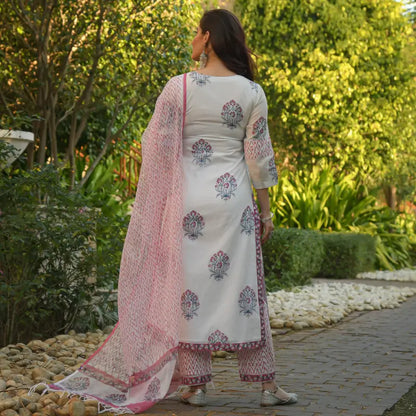Alvami Women White Printed Pure Cotton Kurta And Pant Set