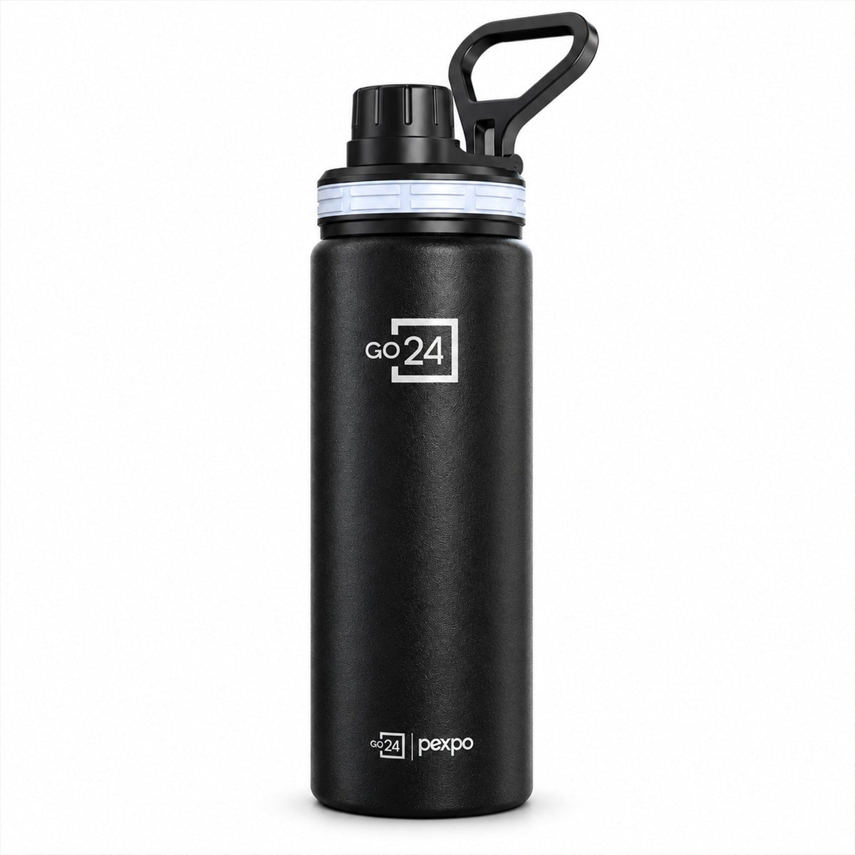 Wukusy stainless steel water bottle with carry handle, 900ml capacity, suitable for gym and travel, shown with lid and sleek design.