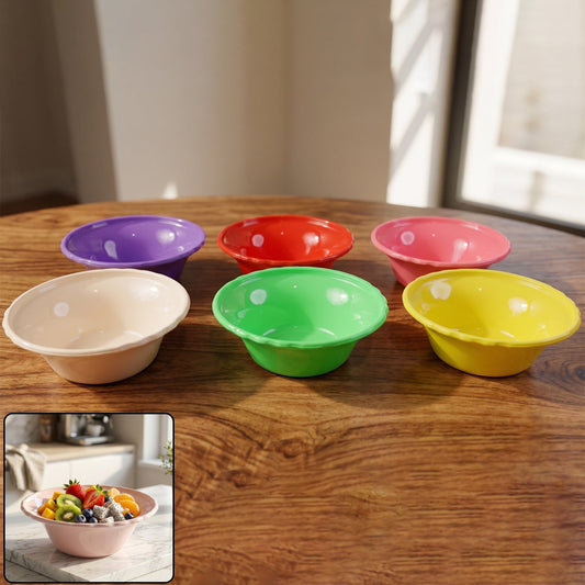Set of six multicolour unbreakable plastic serving bowls by Wukusy, ideal for kitchen use and food presentation.