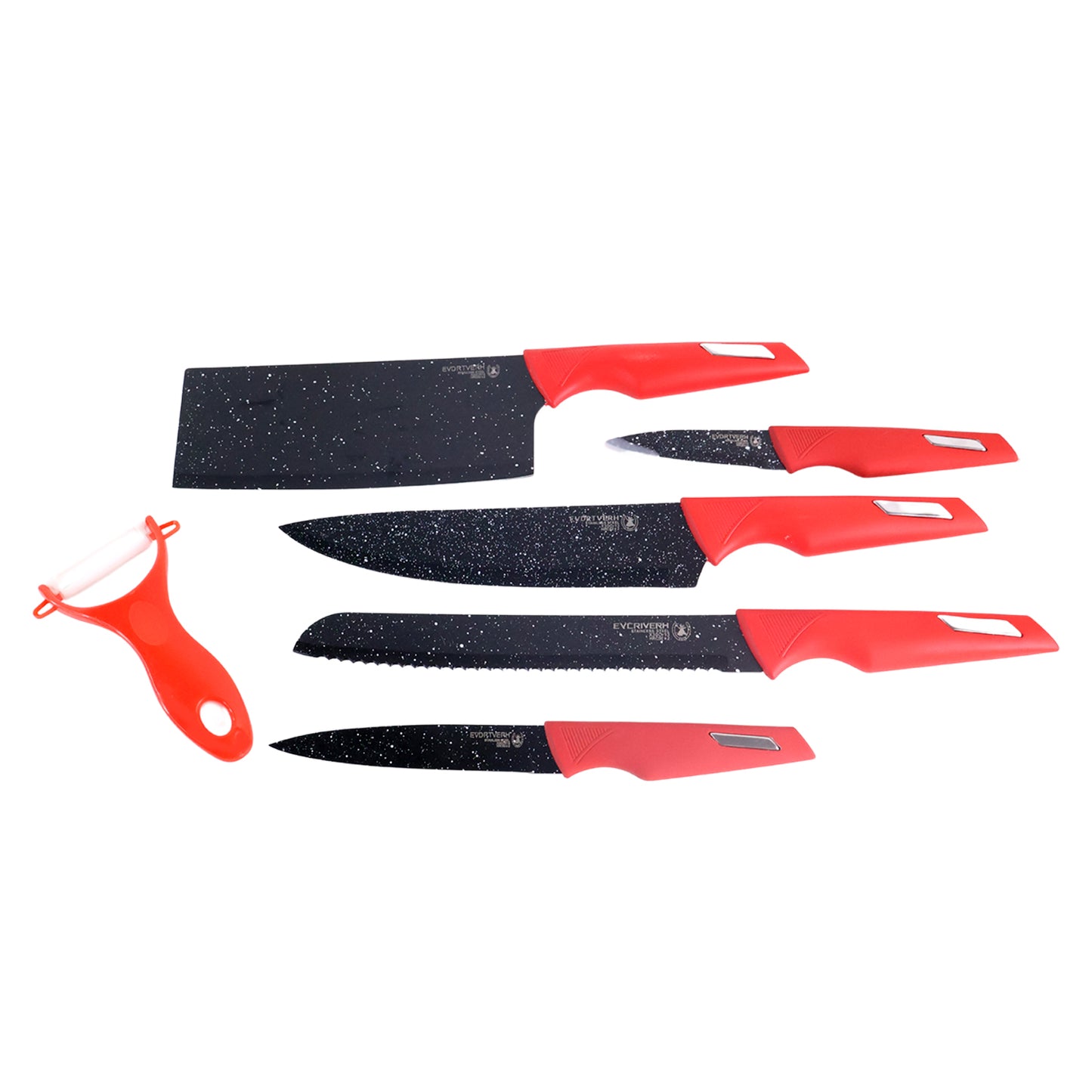 Wukusy 6-piece kitchen knife set with marble-coated blades and red handles, perfect for home cooking and culinary prep.