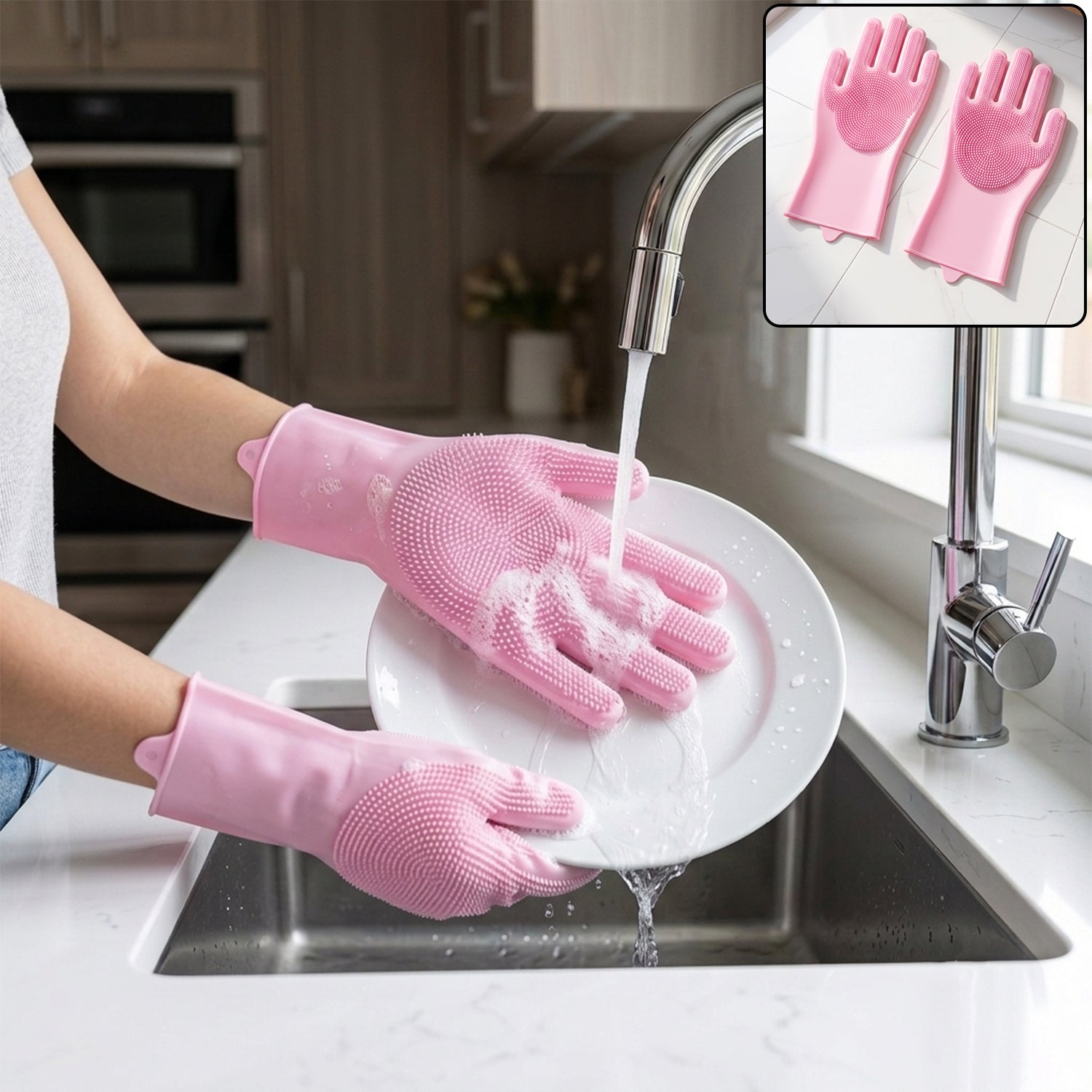 Pink Silicone Cleaning Gloves With Scrubbing Bristles For Kitchen Washing (1 Pair)