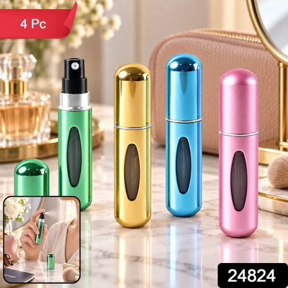 Set of four Wukusy mini refillable perfume spray bottles with refill valves for travel and on-the-go fragrance application.