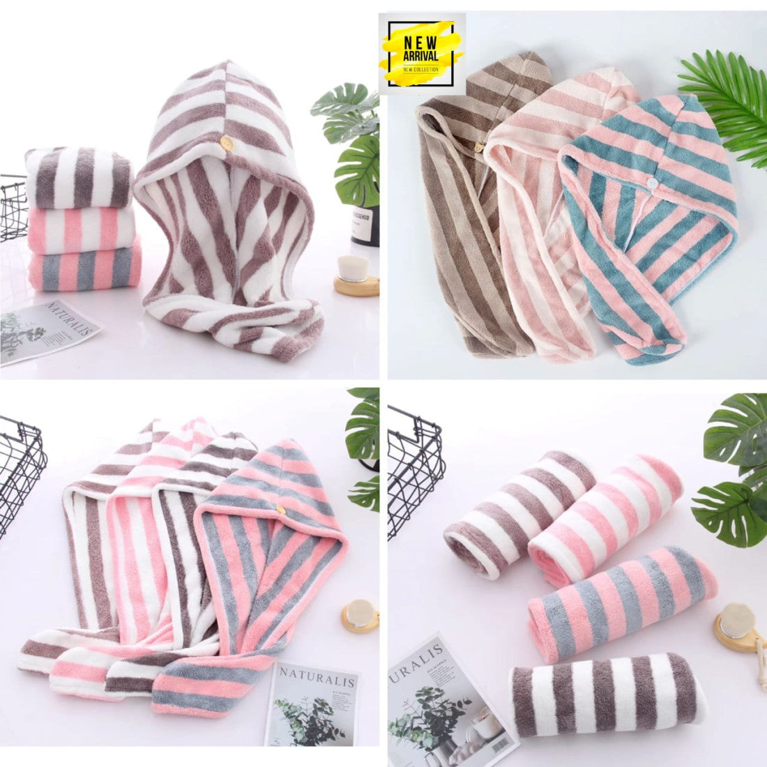 Dropdash hair drying towel cap with button, soft hair wrap for women and girls, designed for quick and gentle hair drying.