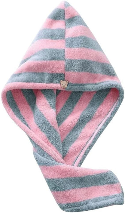 Dropdash hair drying towel cap with button, soft hair wrap for women and girls, shown wrapped around wet hair.
