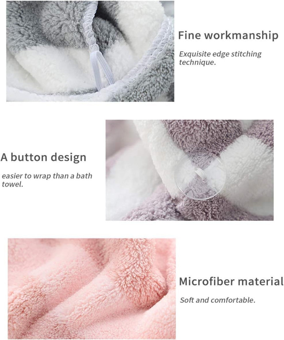 Dropdash hair drying towel cap with button, a soft hair wrap for women and girls, ideal for quick, comfortable hair drying.