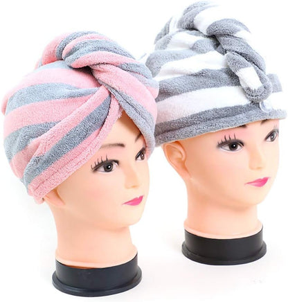 Dropdash hair drying towel cap with button, soft hair wrap for women and girls, shown wrapped around hair with button fastening