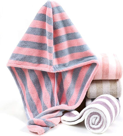 Dropdash hair drying towel cap with button, soft hair wrap for women and girls, shown draped over head for quick drying