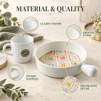 Wukusy 5-piece ceramic tea and coffee cup and platter set for serving snacks, featuring elegant white ceramic design.