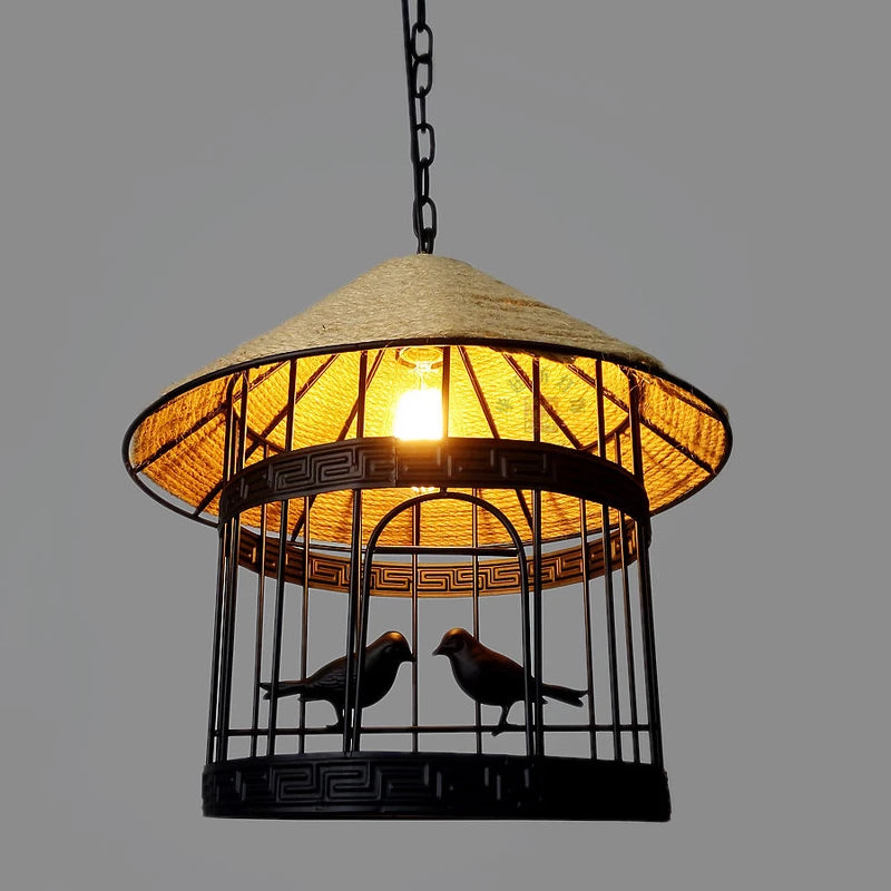 Hemp Rope Chandelier Retro Industrial Bird Light